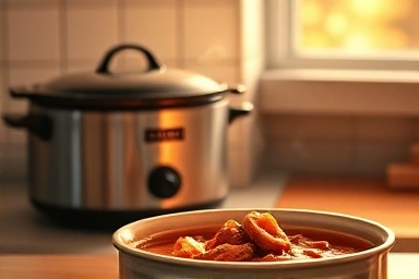 Cozy kitchen with slow cooker and hearty stew